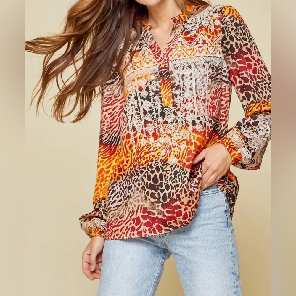 Savanna Jane Embroidered Boho Blouse Animal Print Western Festival Top Size S